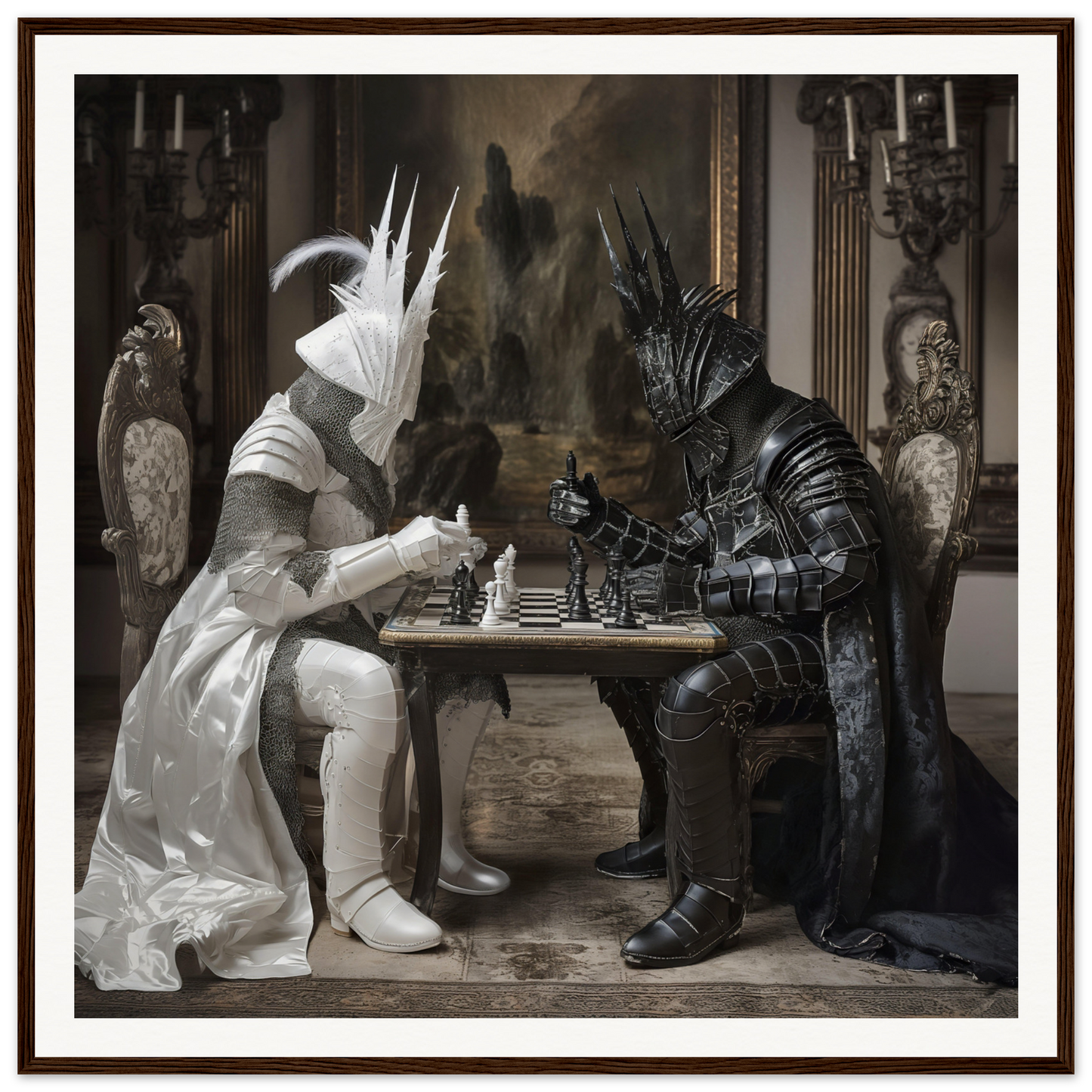 Two armored figures face off in a Knightly Psyche Duel chess match