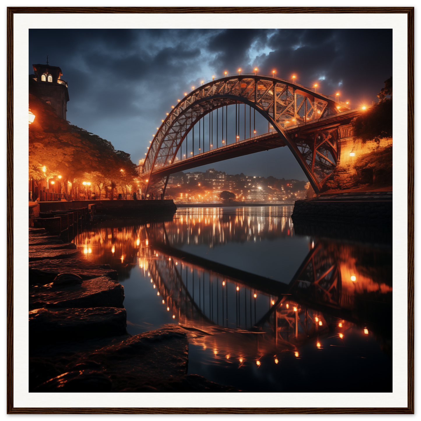 Illuminated Arched Bridge Reflection in Calm Water - Lucid Lightways Framed Bridge Art