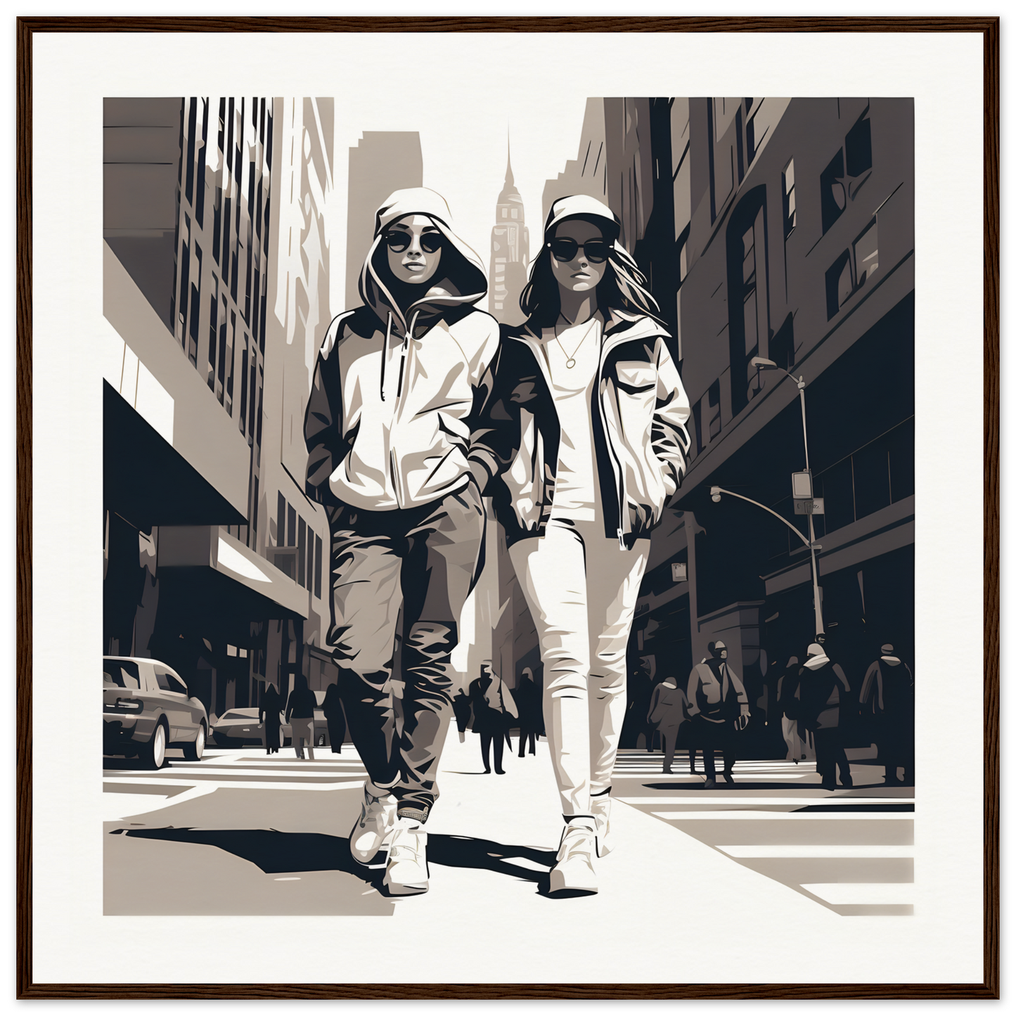 Two people in casual hooded jackets enjoy the city in Metropolis Footprints Drifting