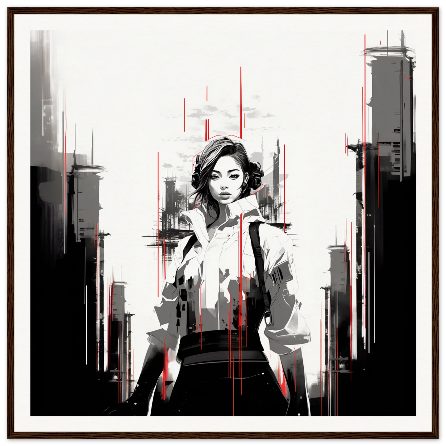 Stylized black and white portrait with red accents, part of Mono City Electric collection