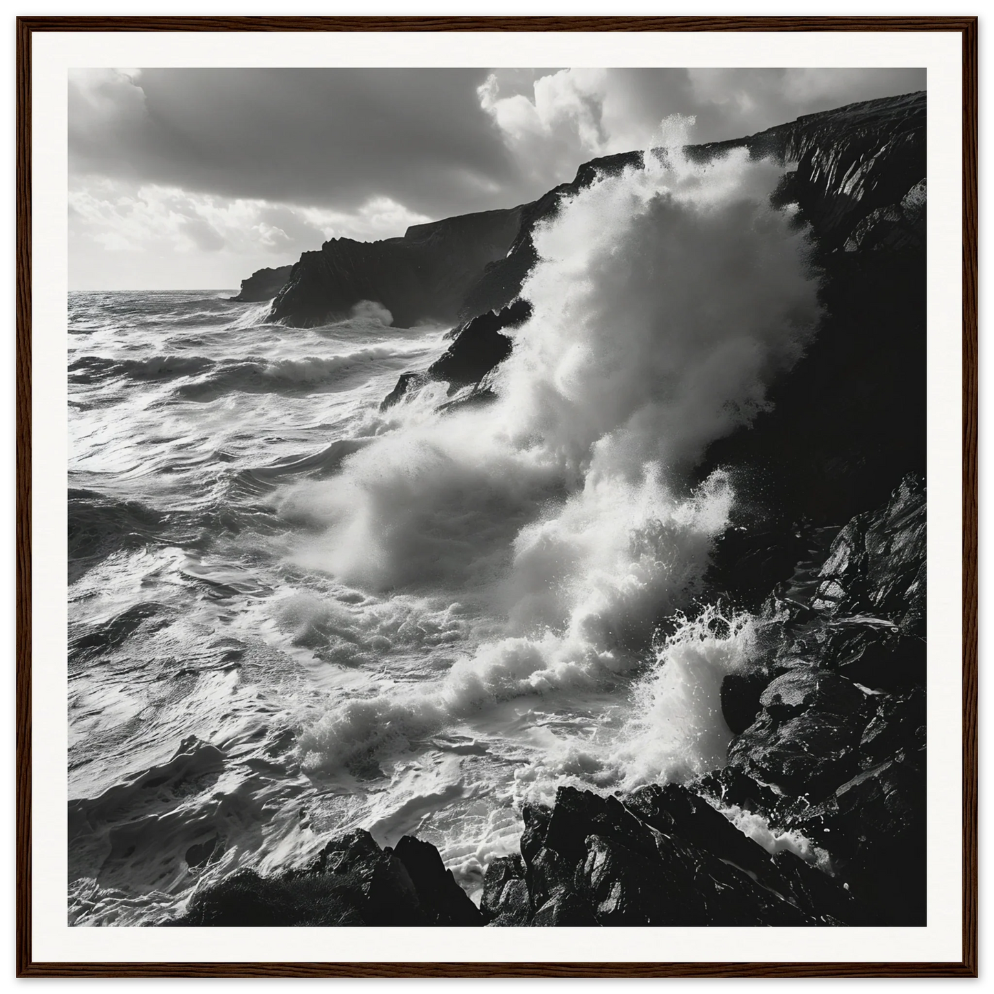 Dramatic black and white ocean waves crashing on cliffs in Oceanic Reverie Clash art