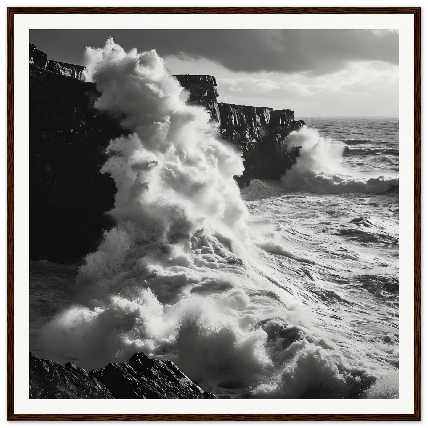 Powerful ocean waves crash on cliffs in Oceanic Thunder Locks framed poster art