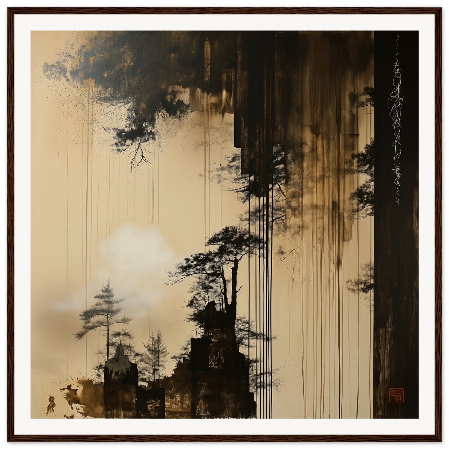 Dark silhouettes of trees and buildings in Timeless Ink Grove’s misty sepia sky