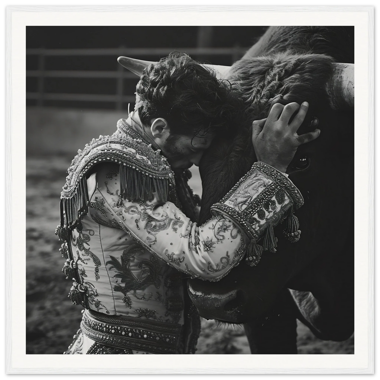 Matador in embroidered jacket embracing a bull from Bullring Reverie Communion special edition art™
