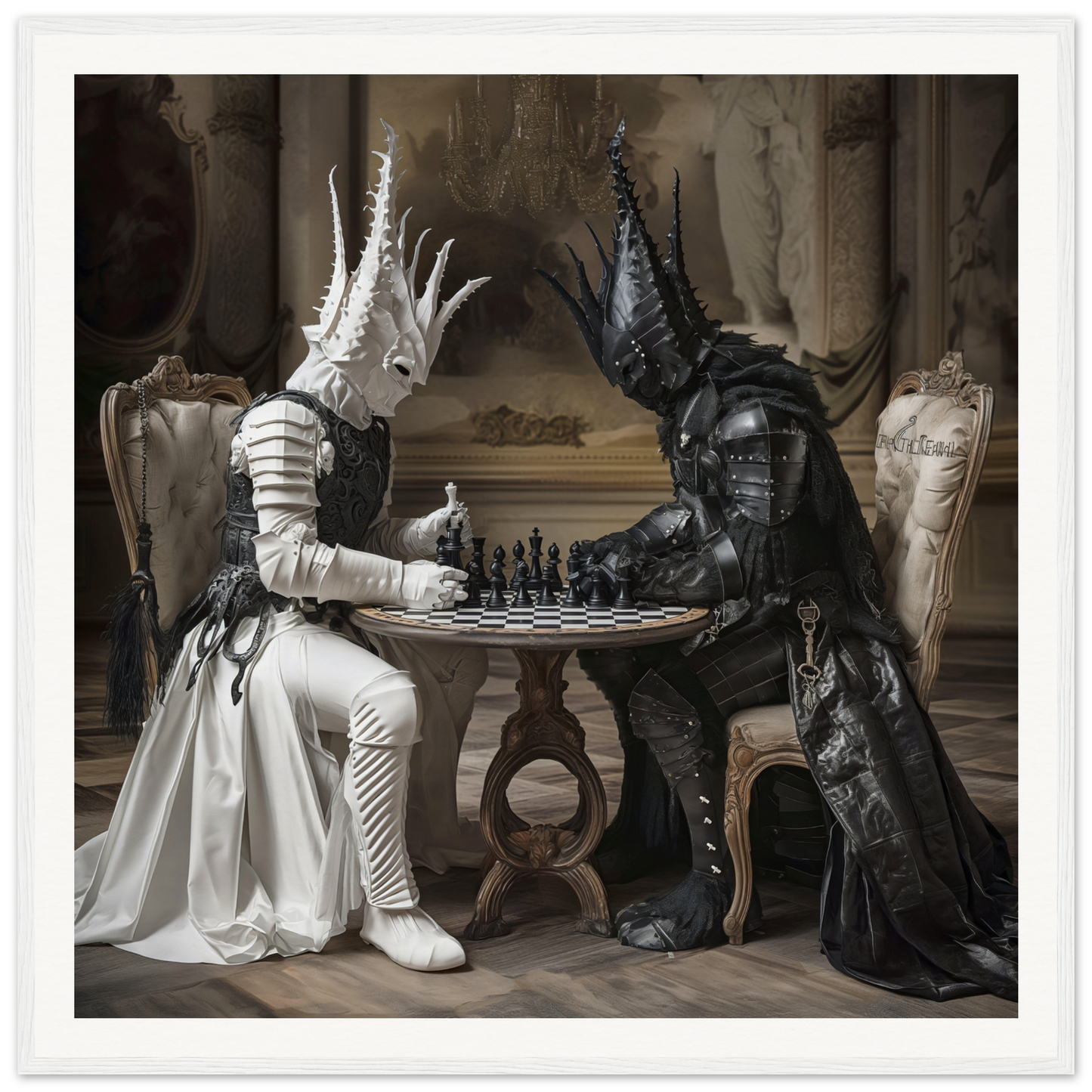 Two fantasy creatures in costumes playing chess at an antique table for Chessmen Mystics’ Duel