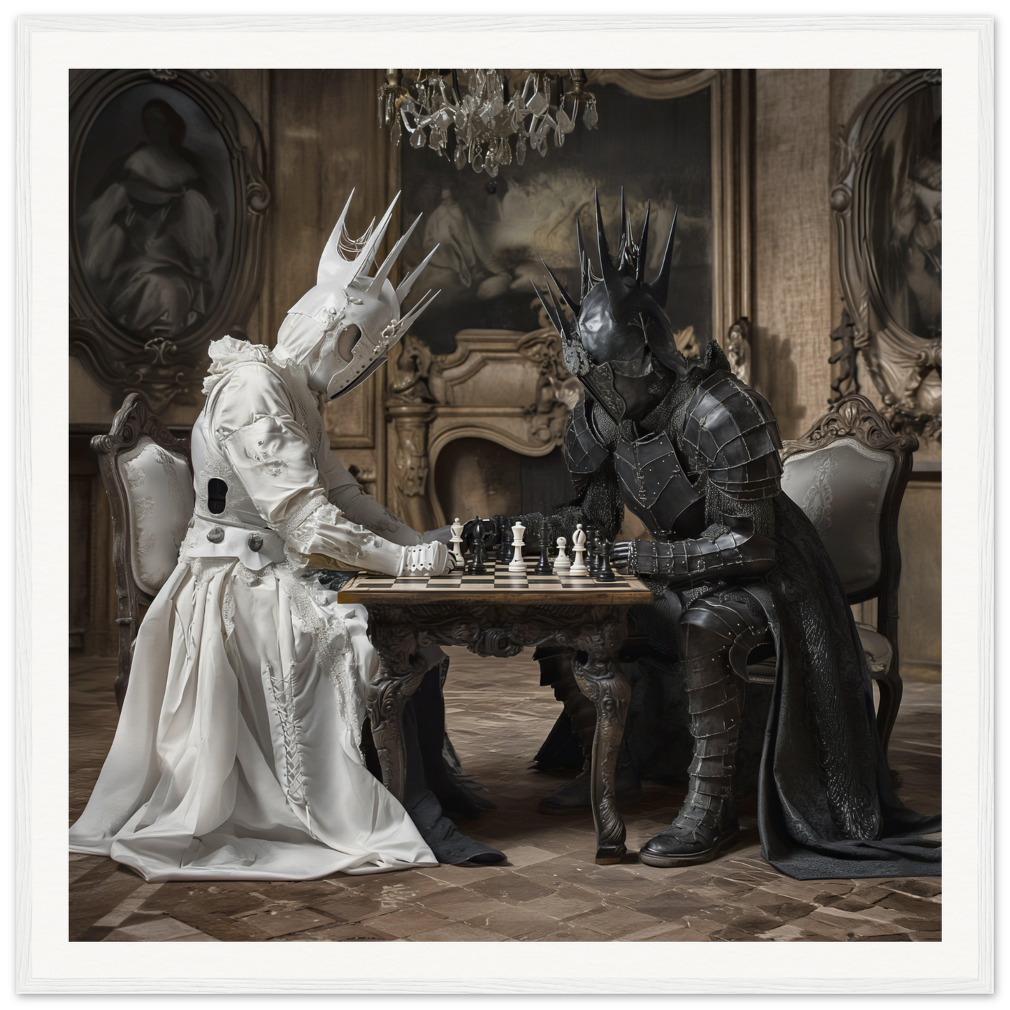 Two armored figures in crowns play chess in Eternal Chess Struggle framed posters