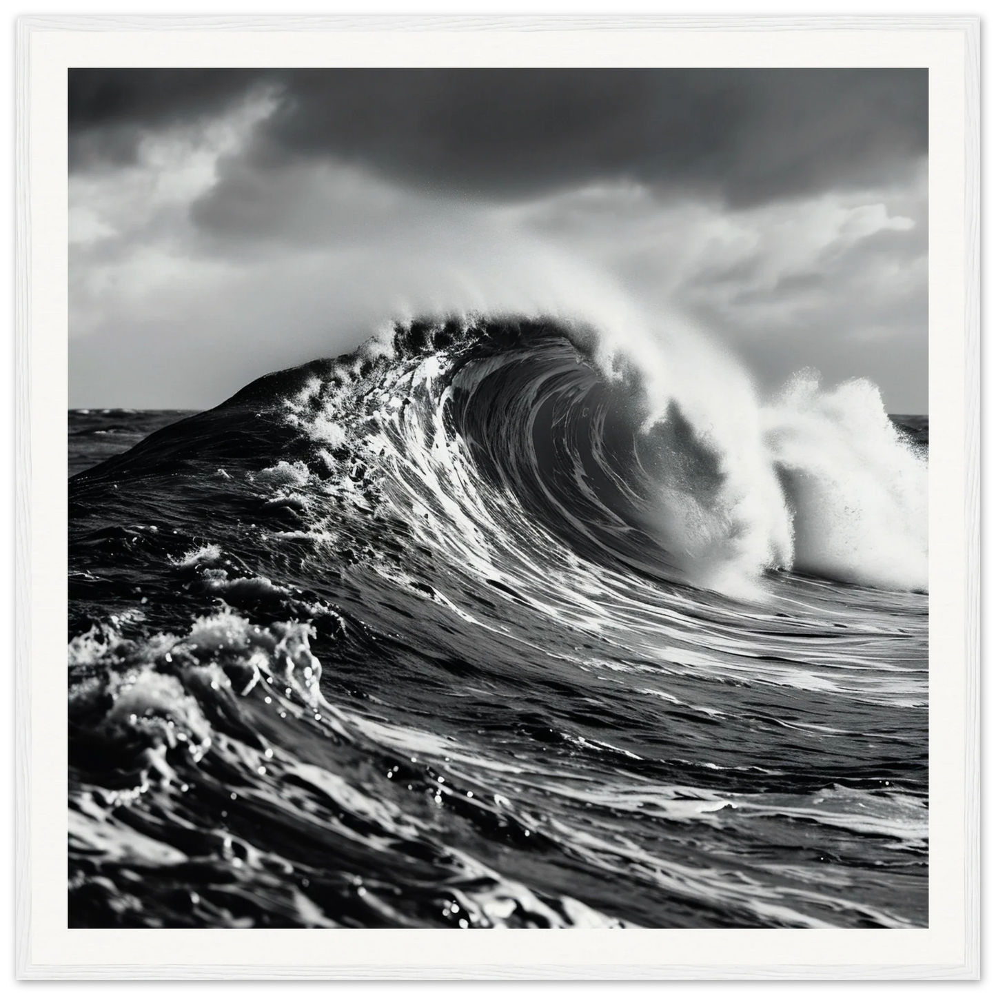 Ocean wave curls and breaks with white spray, inspired by Eternal Liquid Crescendo