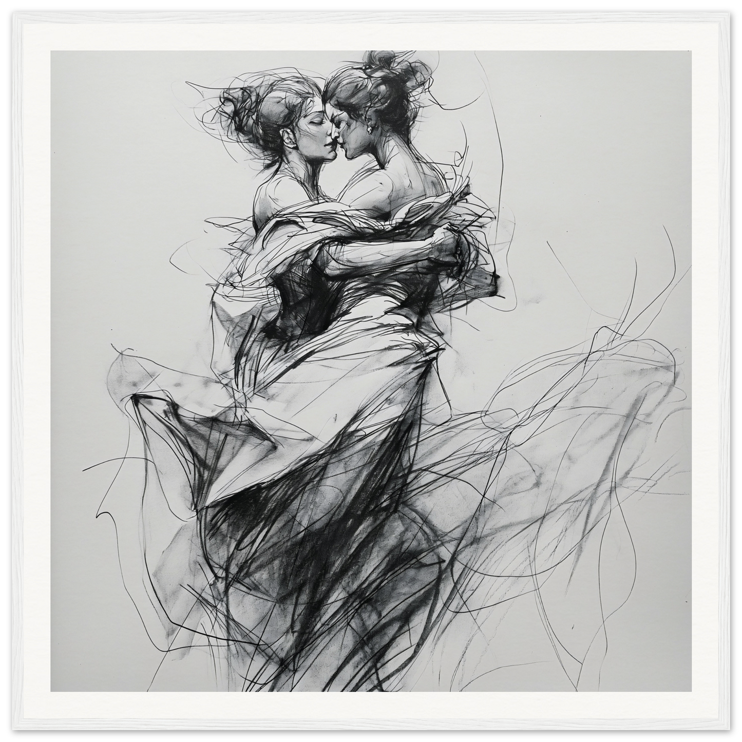 Expressive charcoal sketch of two dancers in intimate embrace for Fluid Embrace Reverie