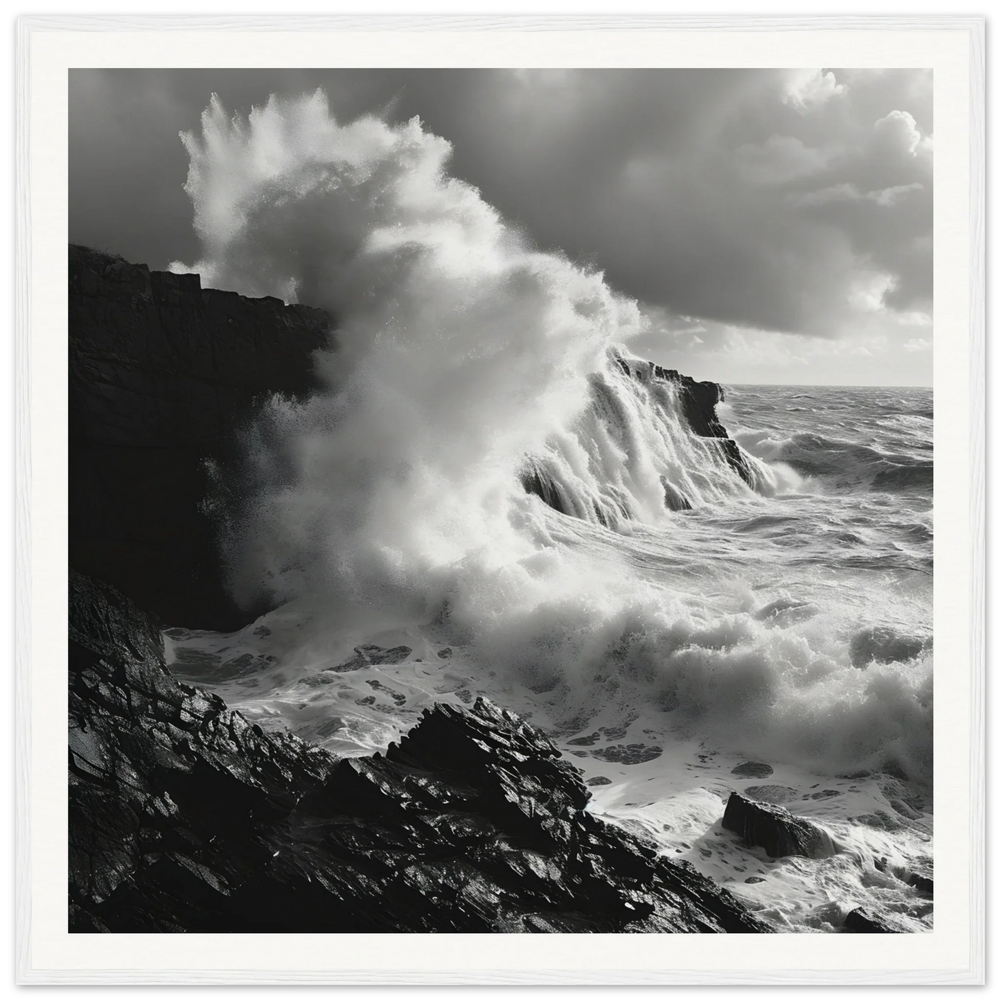 Powerful ocean wave crashes on rocky cliffs in Foamy Abyss Wails special edition art