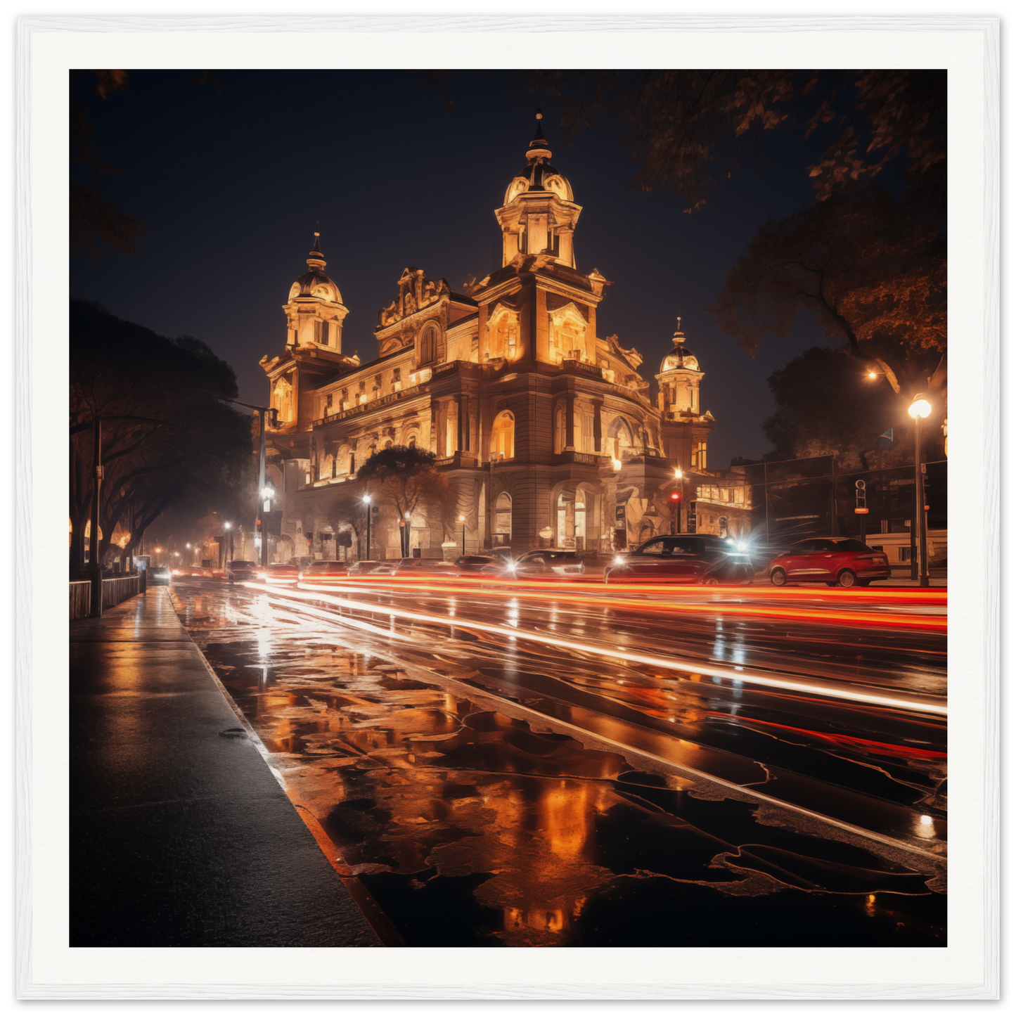 Illuminated baroque cathedral towers glowing gold in Gilded Night Dance art