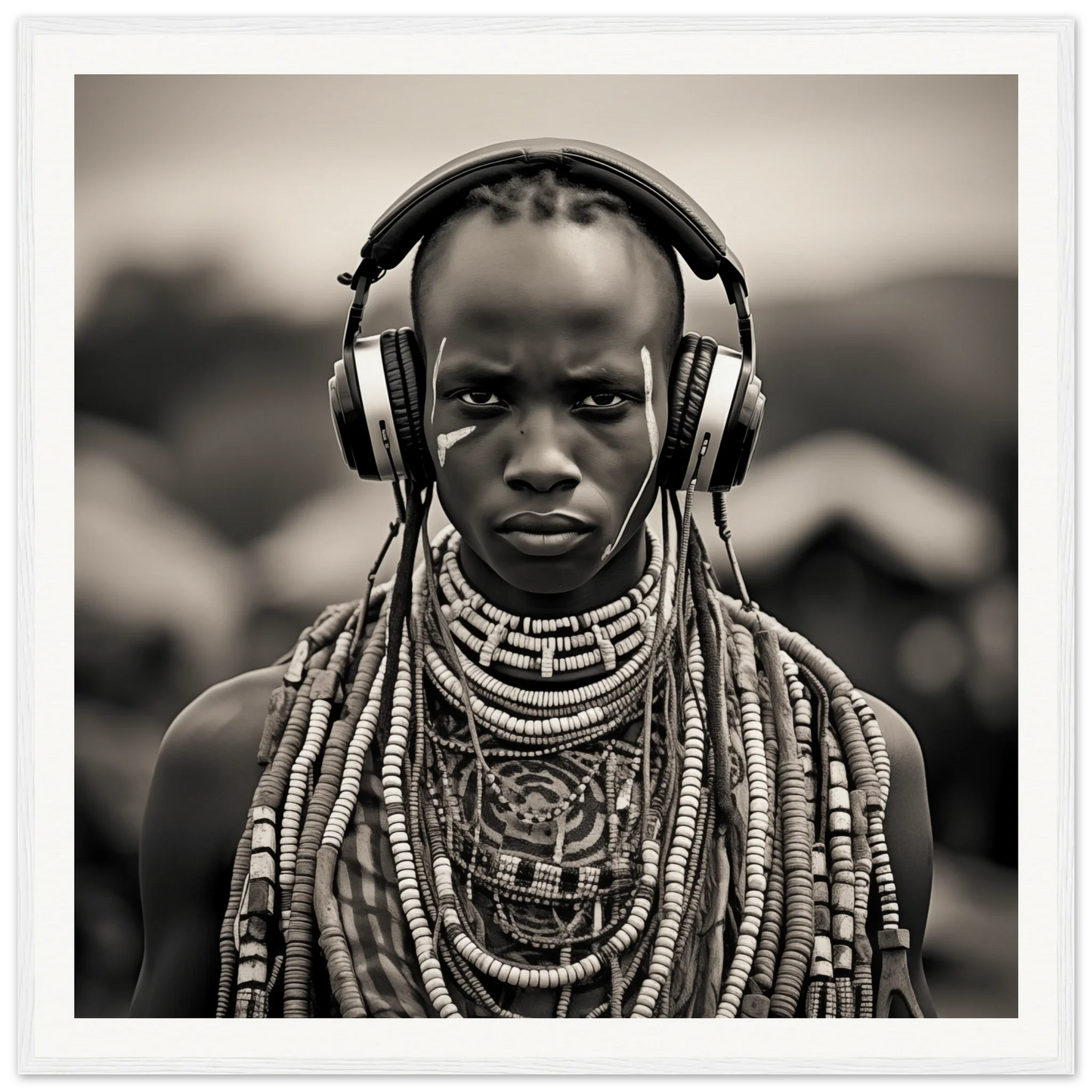 Black and white portrait of African tribal jewelry with modern headphones for Headphones & Heritage
