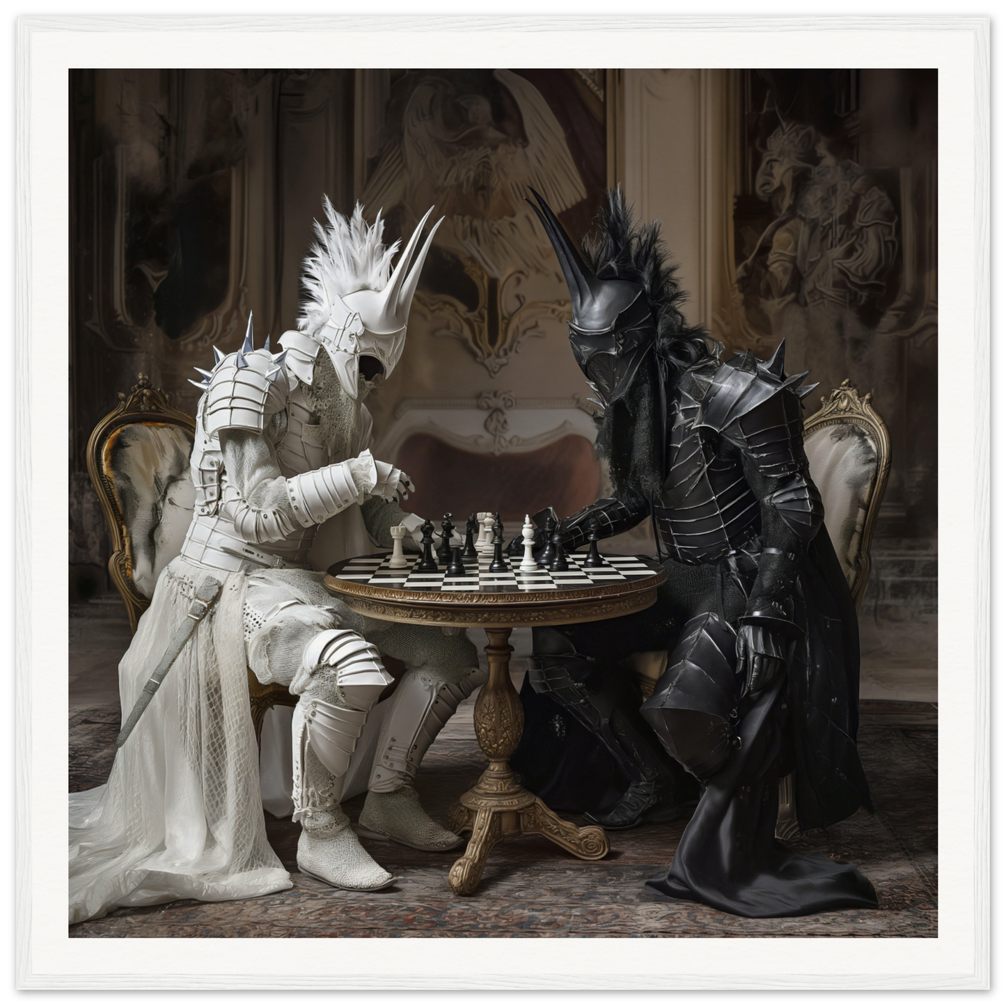 Two armored knights in black and white clash over chess in Iron Clash Atlas art