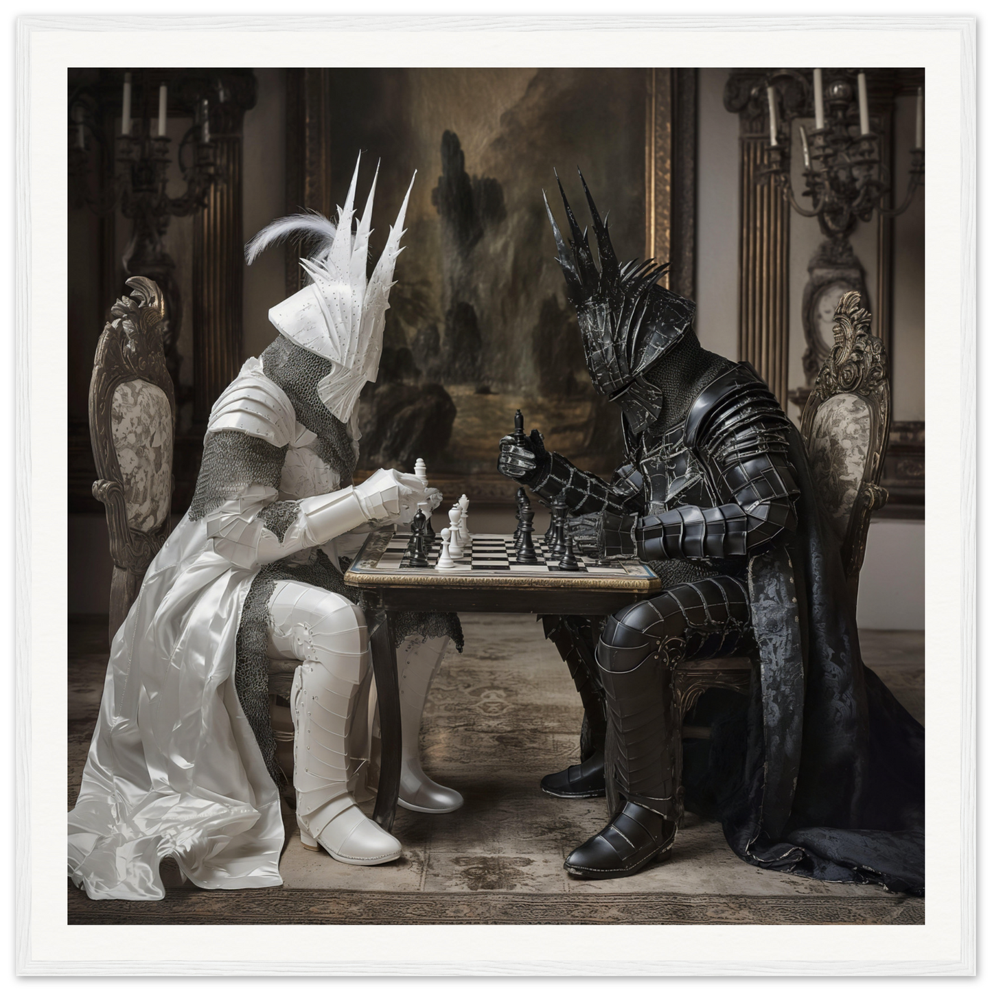 Two armored figures facing off in a Knightly Psyche Duel chess match