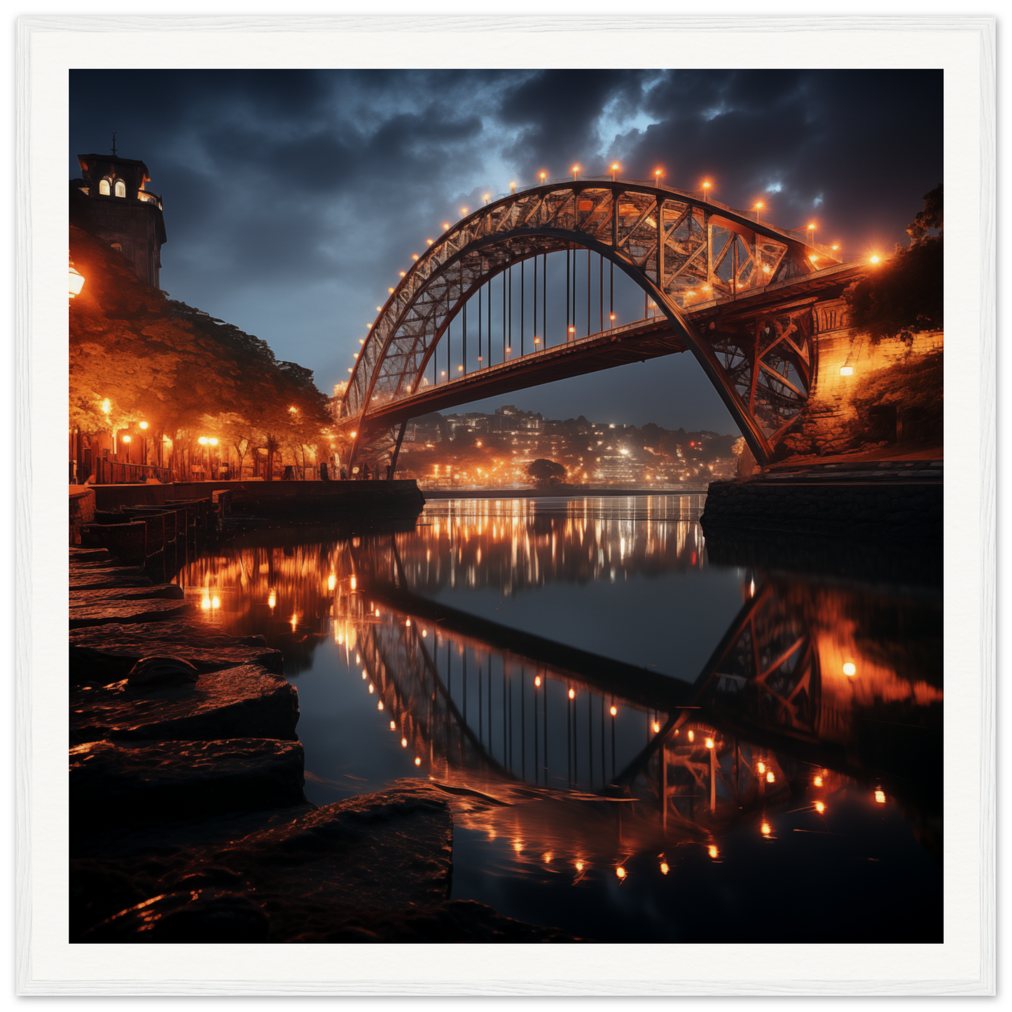 Illuminated arched bridge reflecting in water, perfect for Lucid Lightways framed bridge art