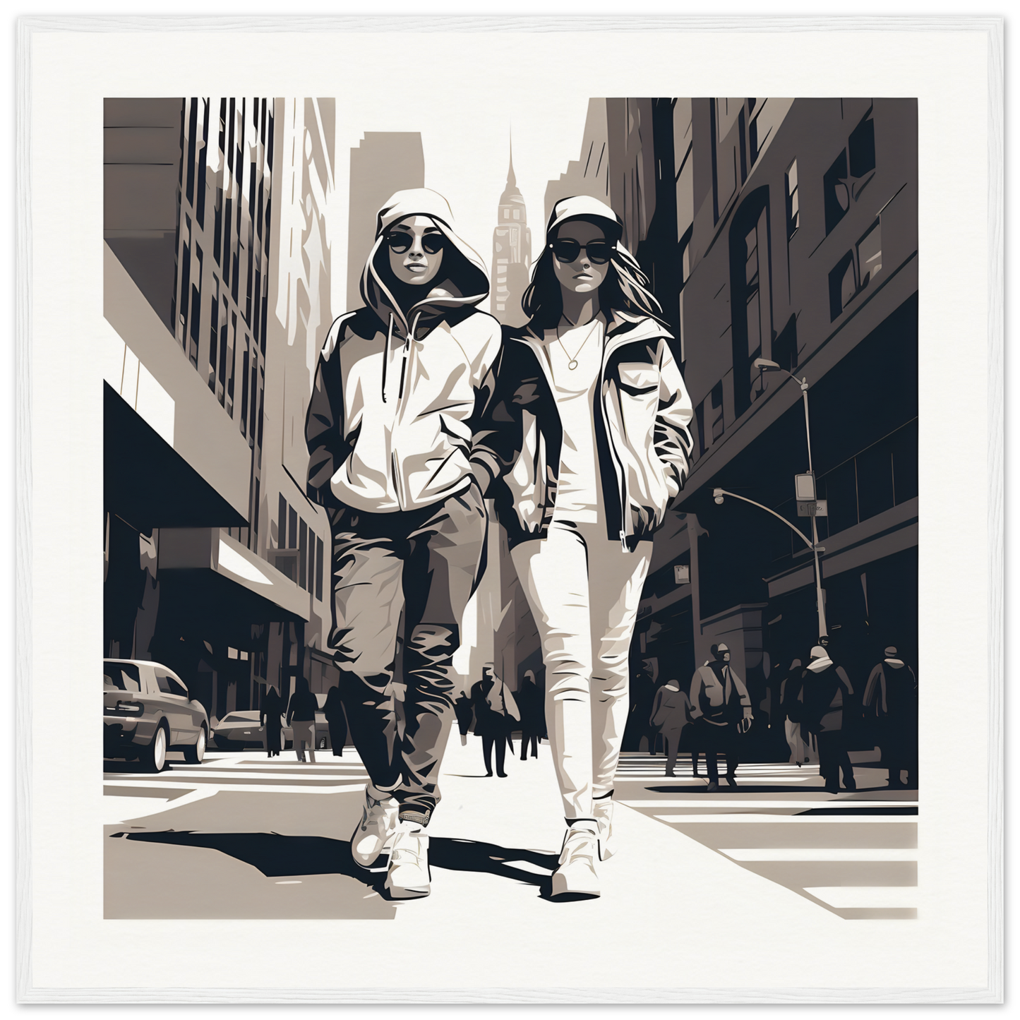 Two friends in streetwear crossing a city crosswalk, Metropolis Footprints Drifting art