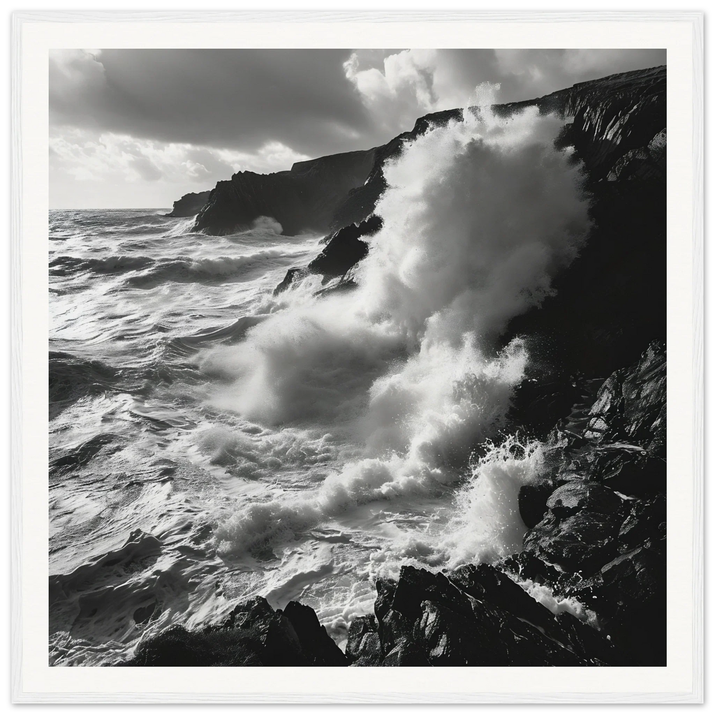 Powerful ocean waves crashing on rocky cliffs in Oceanic Reverie Clash art piece