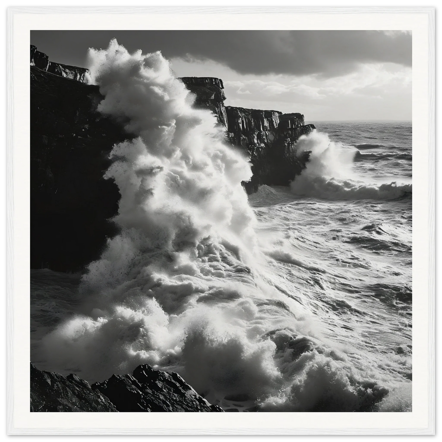 Powerful ocean waves smash dark cliffs in Oceanic Thunder Locks framed poster