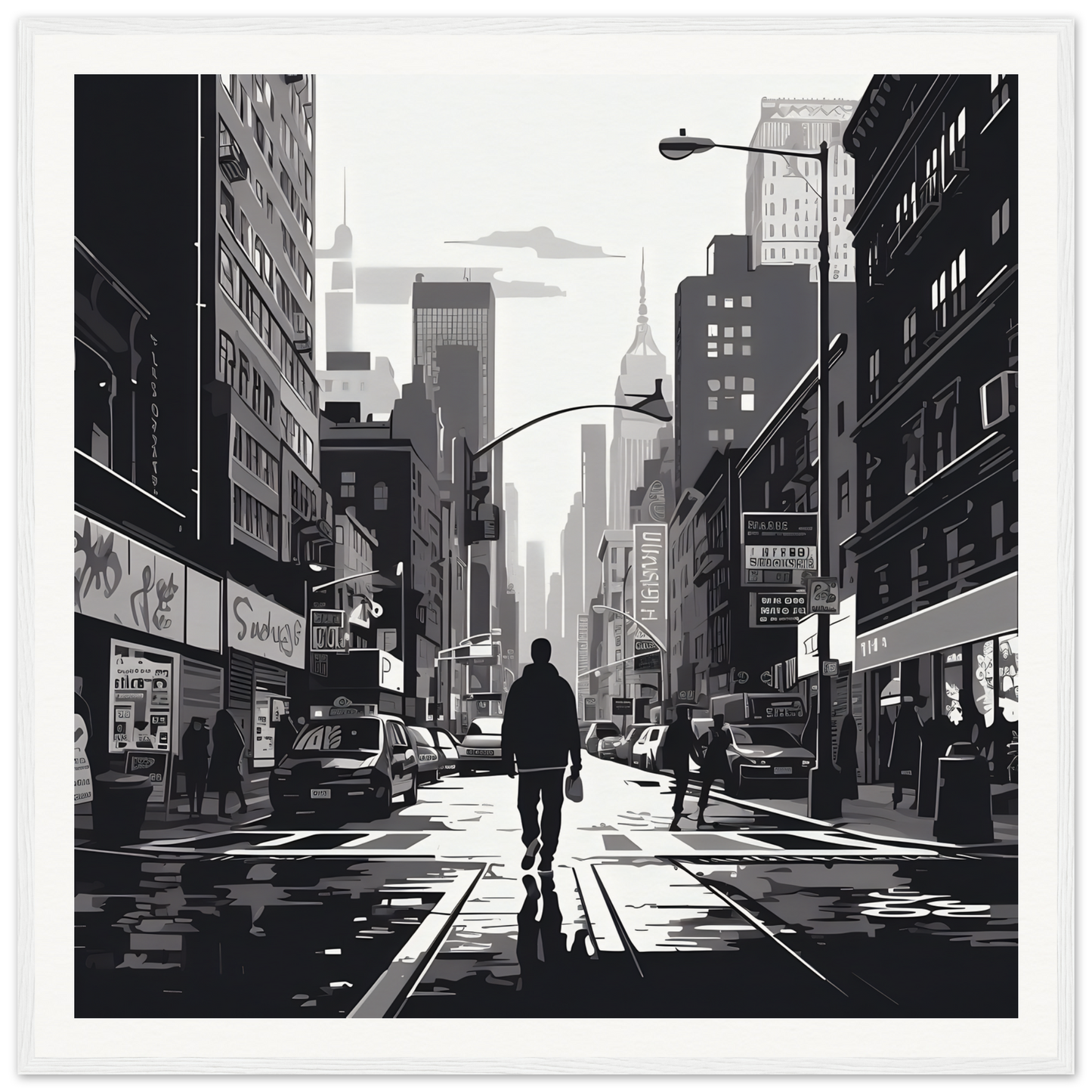 Silhouetted figure on a wet street showcasing Solitude Charms Silhouettes special edition art™