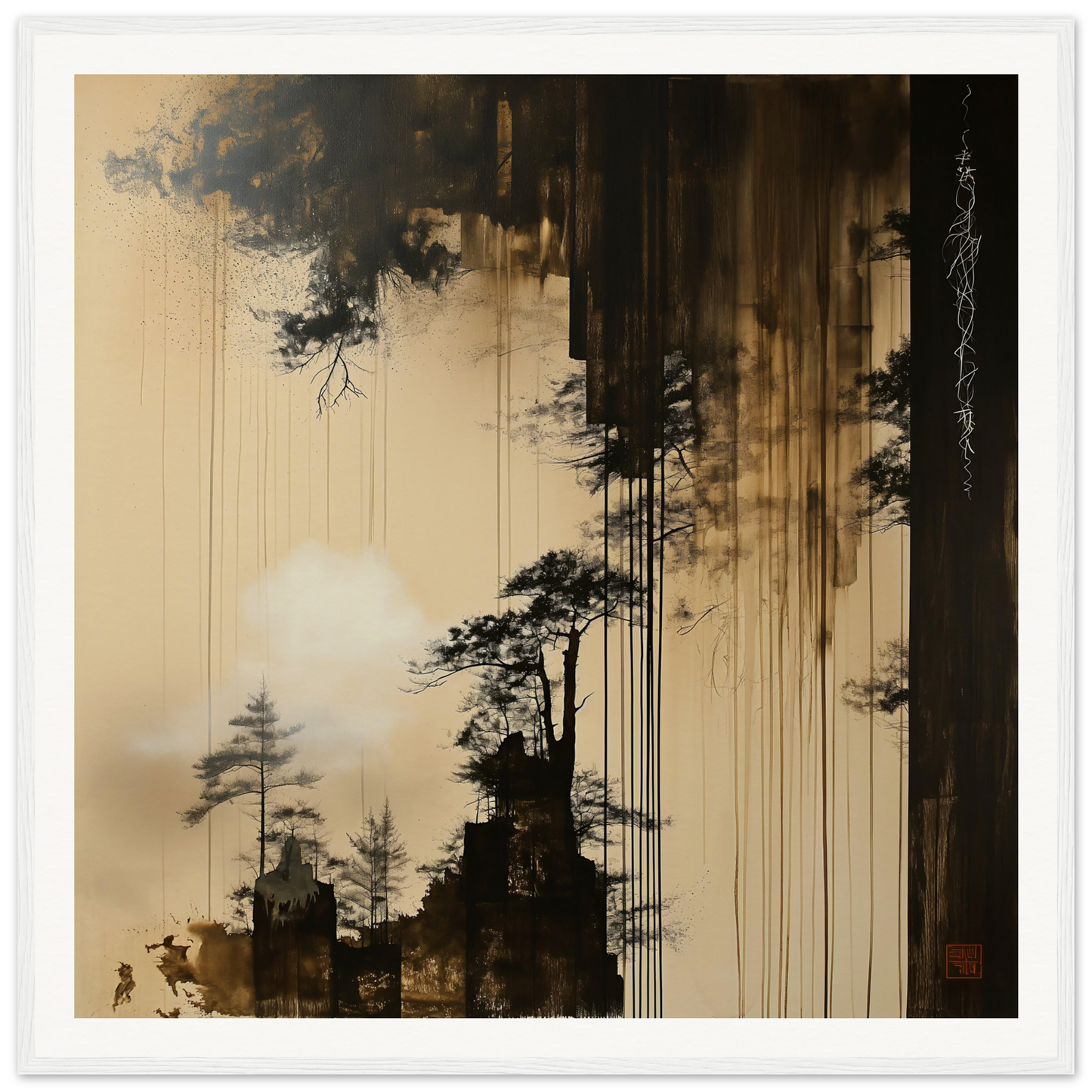 Dark pine tree silhouettes with a sepia sky in Timeless Ink Grove special edition art