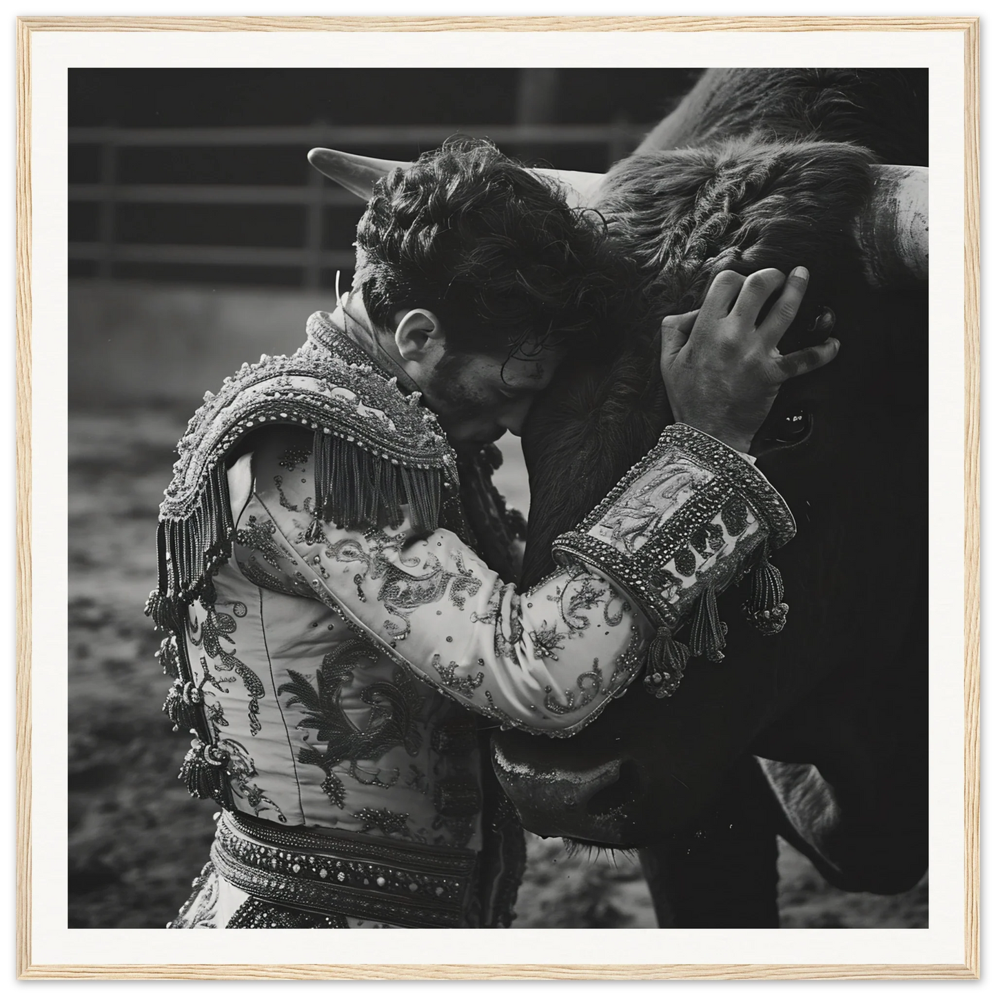 Matador in ornate jacket embracing a bull for Bullring Reverie Communion art