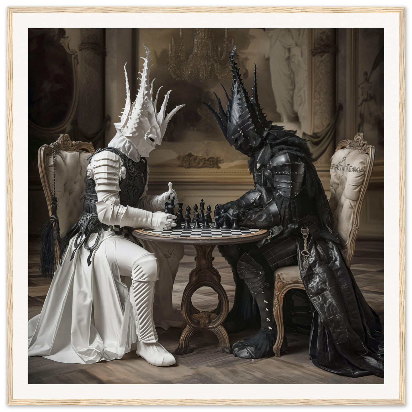 Two fantasy creatures in black and white costumes play chess in Chessmen Mystics’ Duel