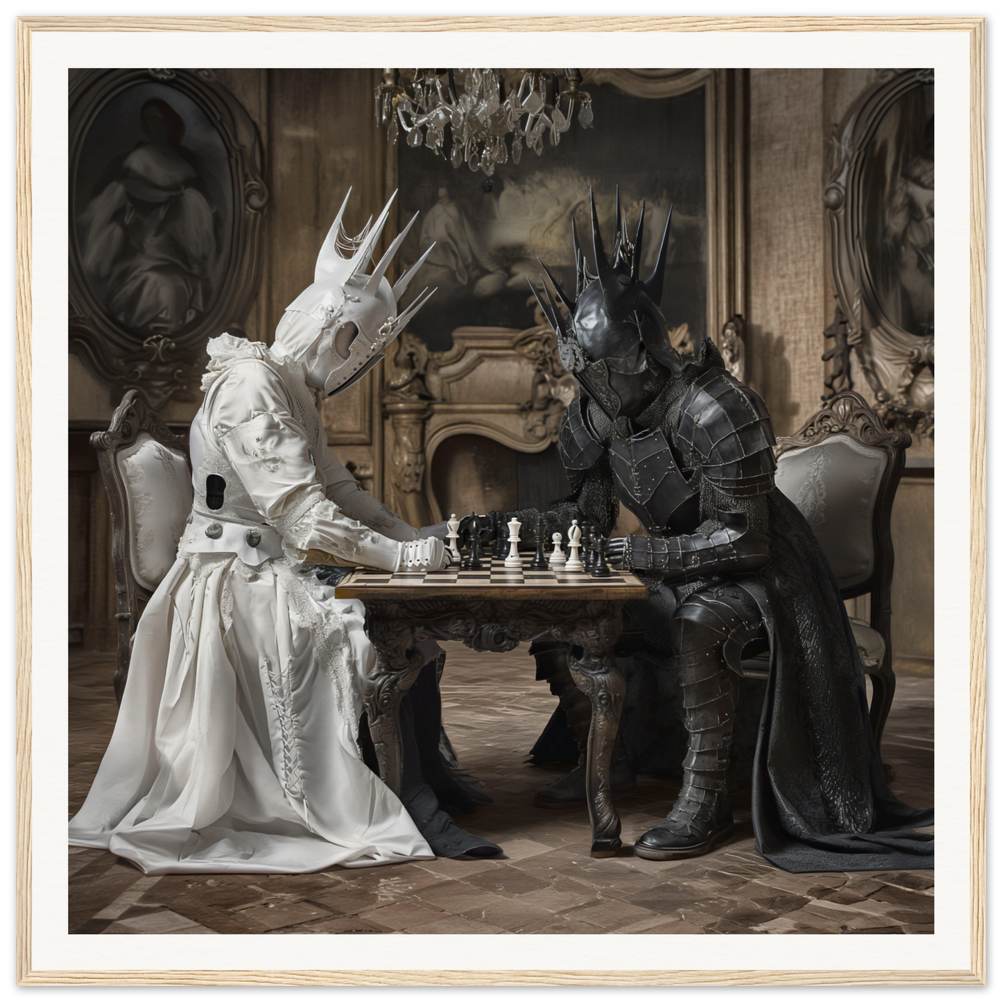 Two armored knights in epic helmets face off in the Eternal Chess Struggle artwork