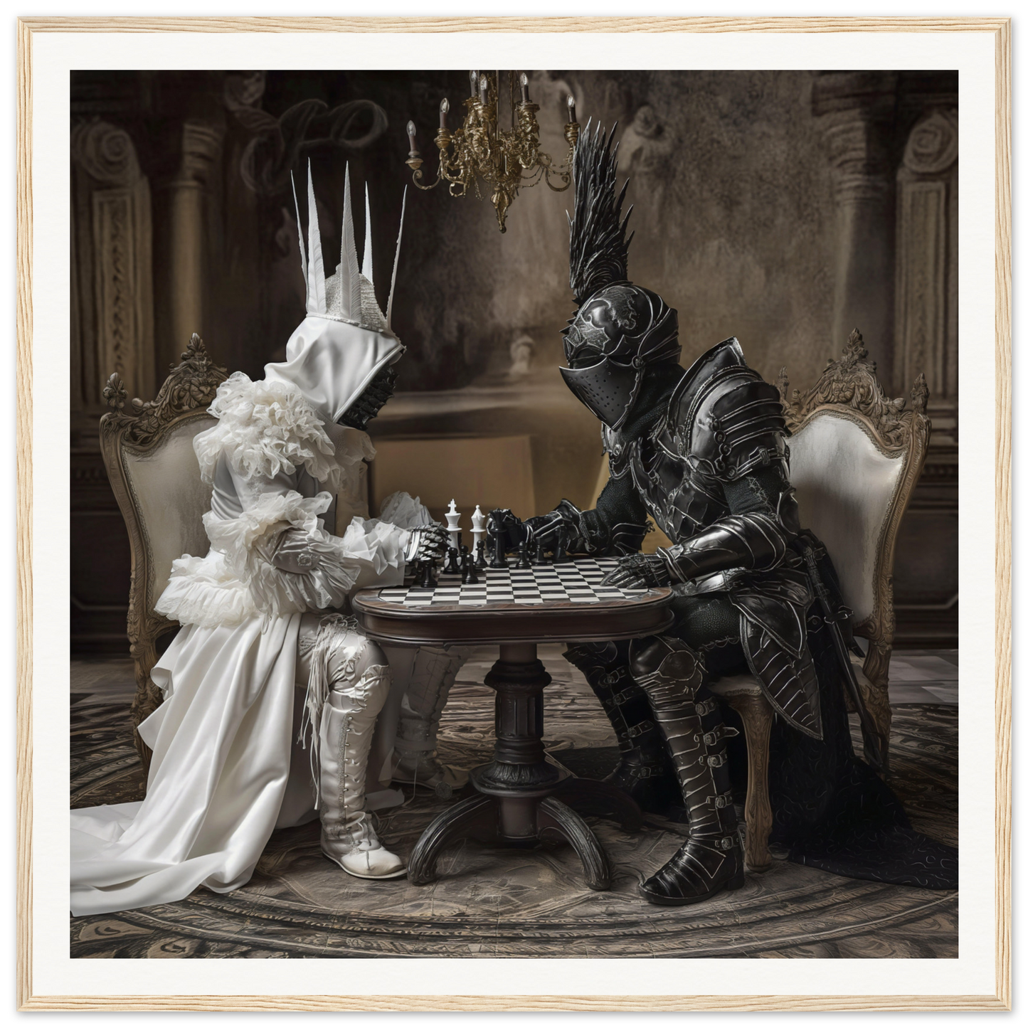 Two armored figures face off in an Eternal Mind Duel at an ornate chess table