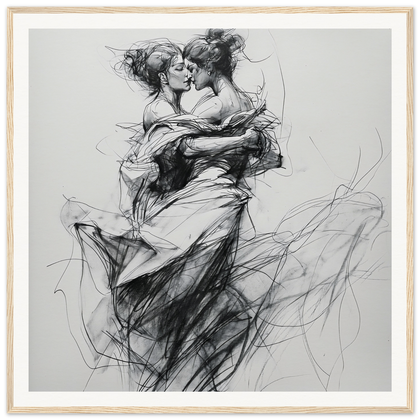Passionate charcoal sketch of dancers in Fluid Embrace Reverie framed wall art