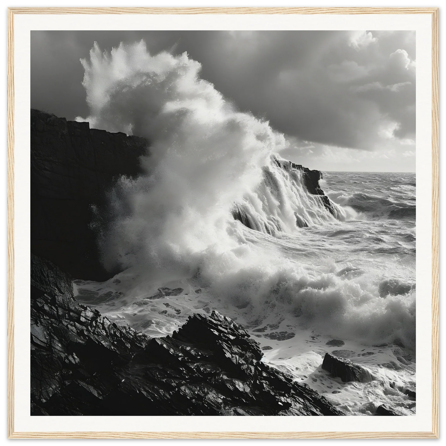 Powerful ocean wave crashing on cliffs in Foamy Abyss Wails special edition art