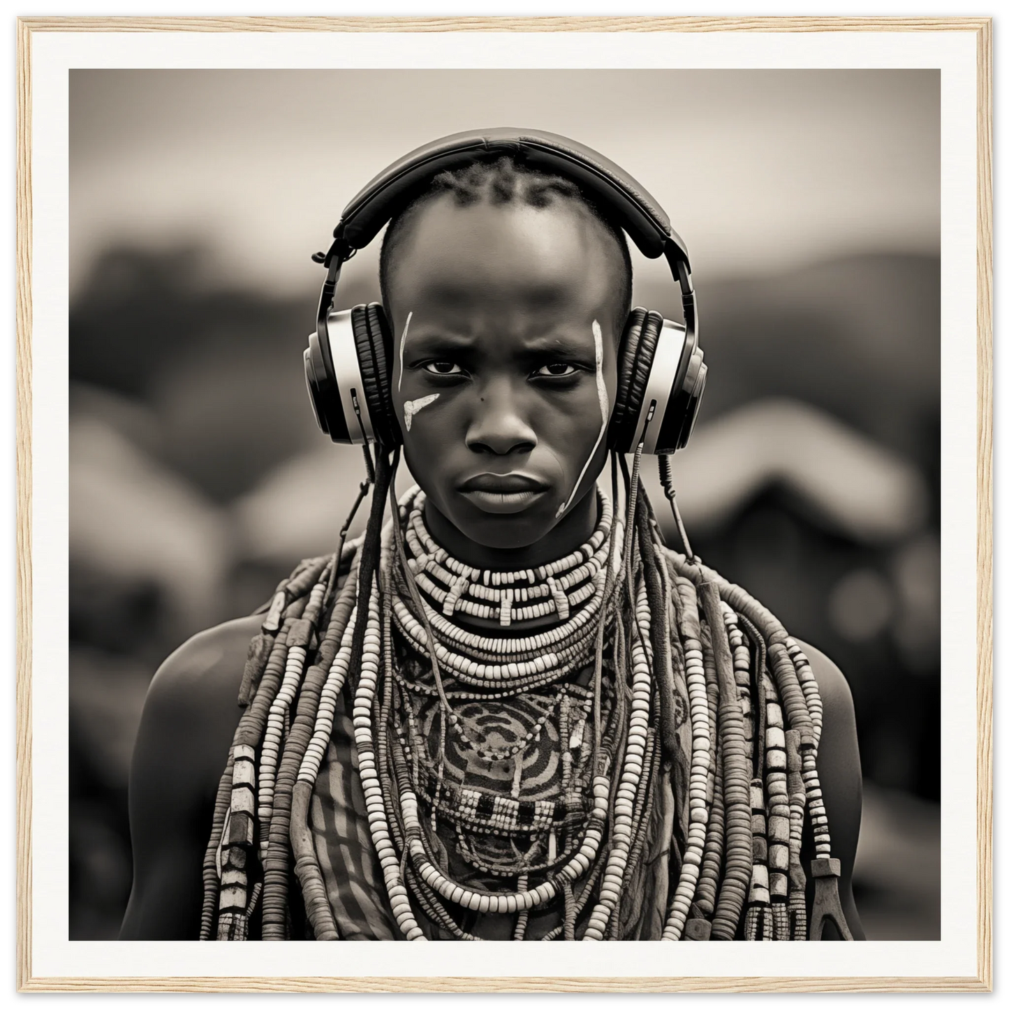 Black and white portrait blending African tribal necklaces with modern headphones & heritage