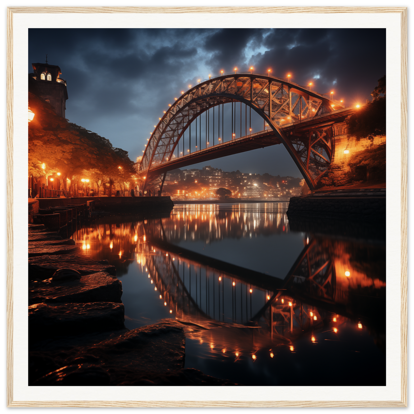 Stunning illuminated arched bridge reflecting in calm water for Lucid Lightways art