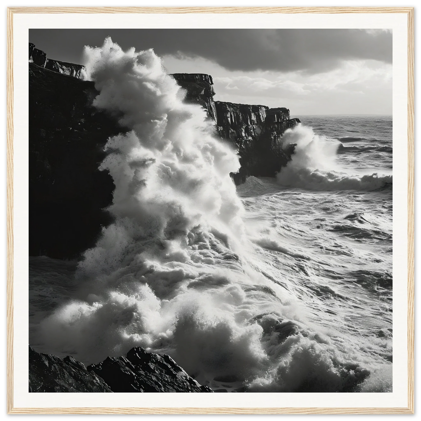 Powerful ocean waves crash against rocky cliffs in Oceanic Thunder Locks framed poster