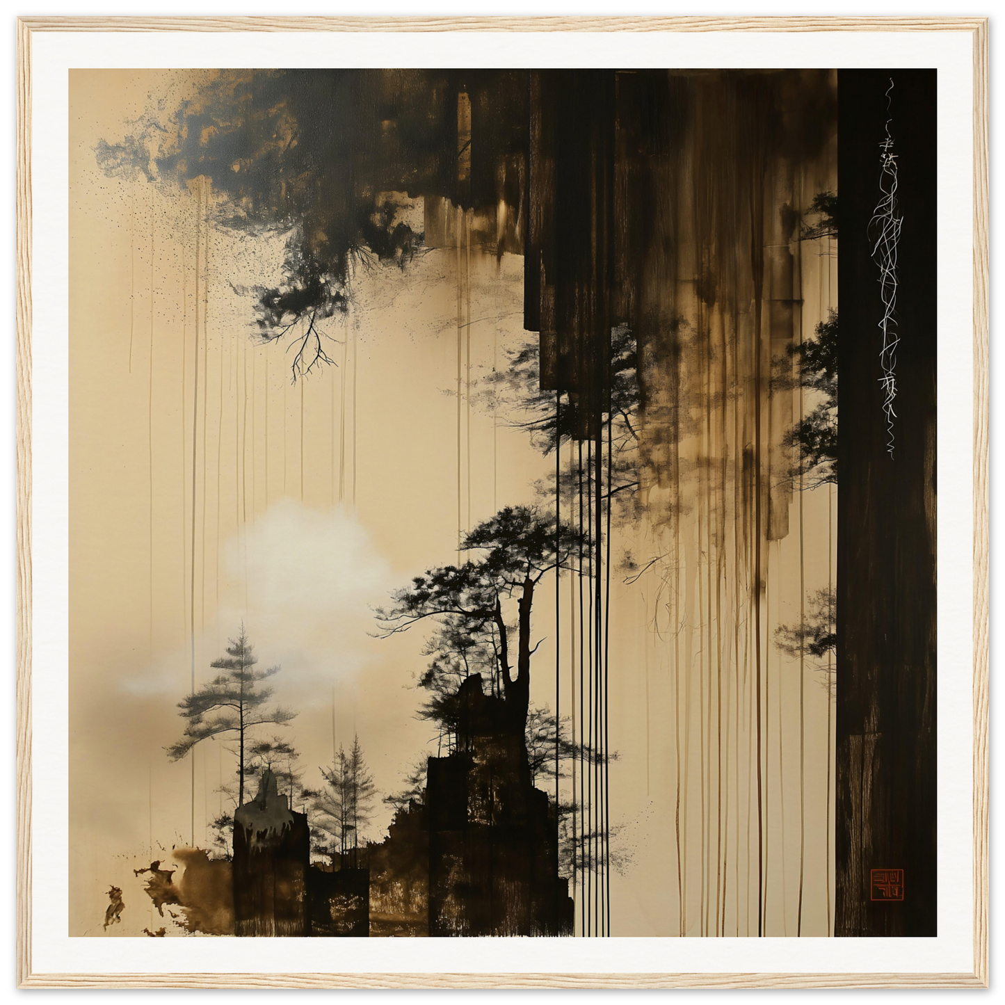 Dark silhouettes of pine trees with paint drips in Timeless Ink Grove special edition art™