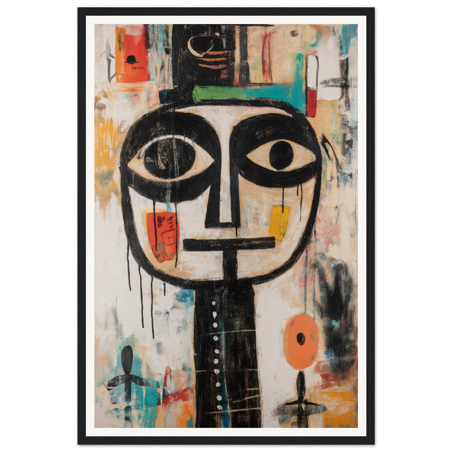 Framed wall art: Abstract painting with a black face and colorful geometric shapes.