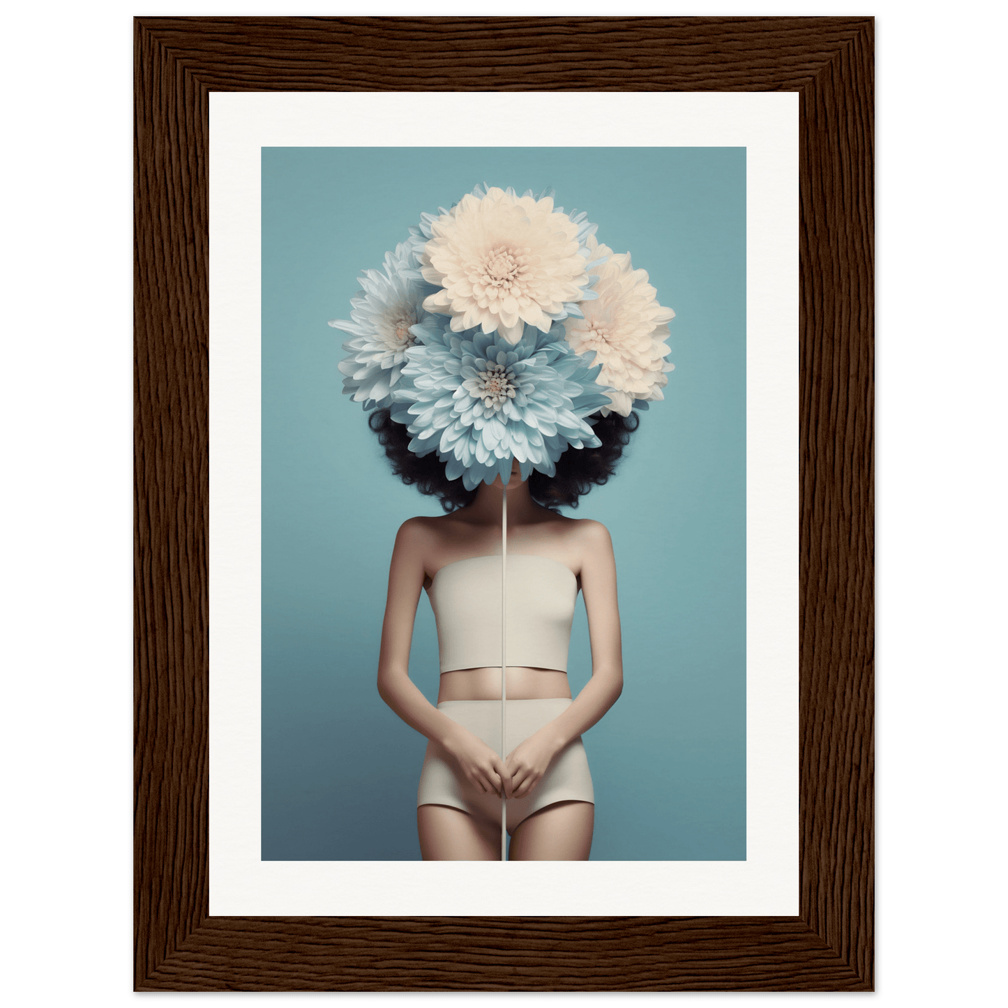 A person wearing oversized white flowers as a headdress, obscuring their face, and dressed in light-colored undergarments.