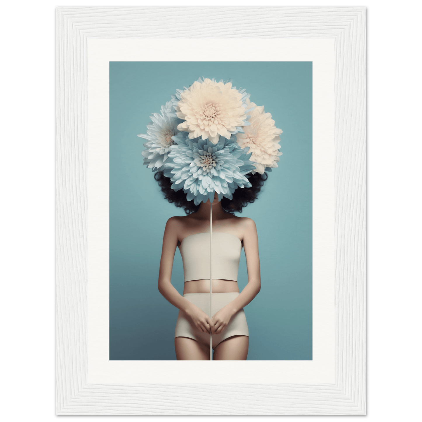 A person wearing oversized white flowers as a headdress, obscuring their face.