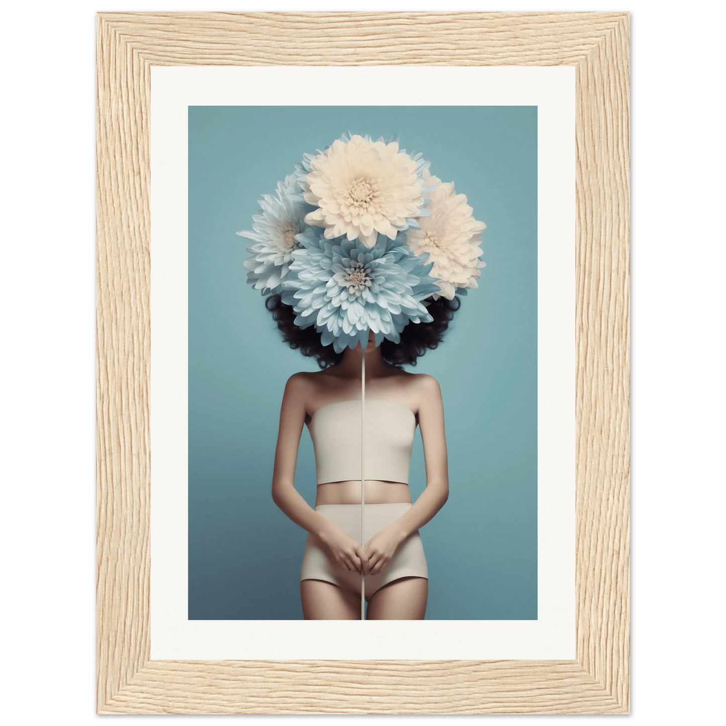 Surreal portrait of a figure with giant white flowers obscuring their head, wearing nude-colored undergarments.