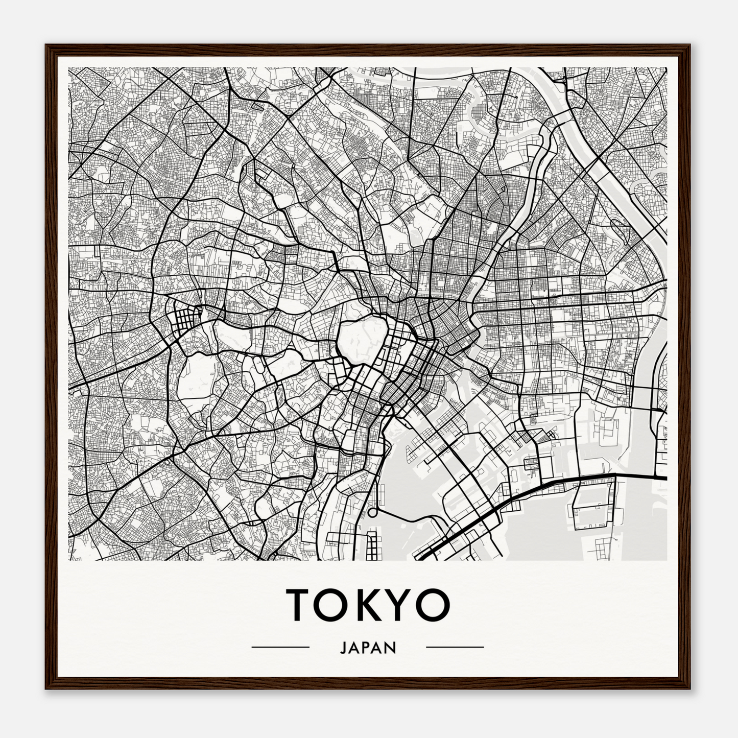 Map of Tokyo, Japan, showing streets and urban layout in black and white.