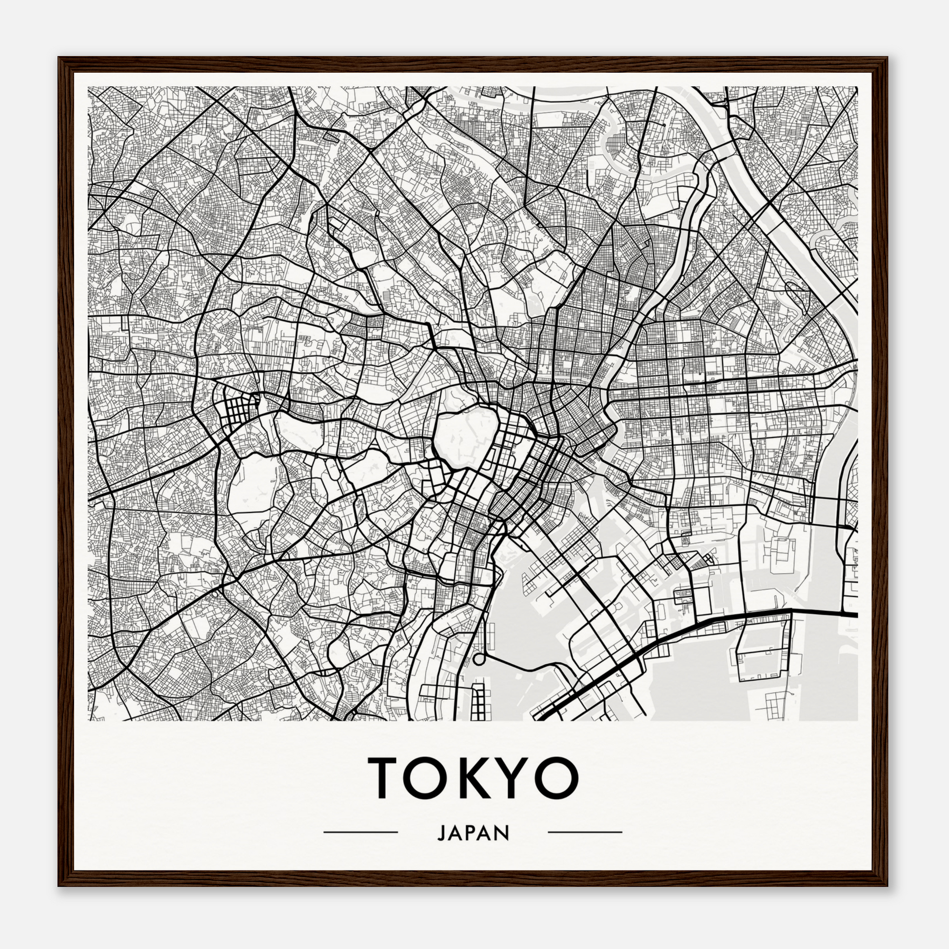 Map of Tokyo, Japan, showing streets and urban layout in black and white.
