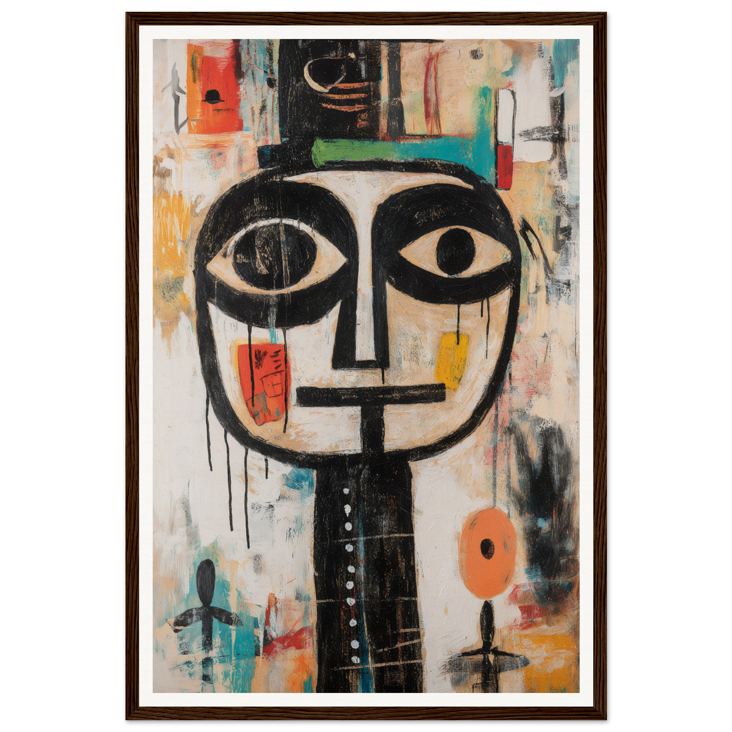 Framed wall art: Abstract painting featuring a large face with bold outlines and vibrant accents.