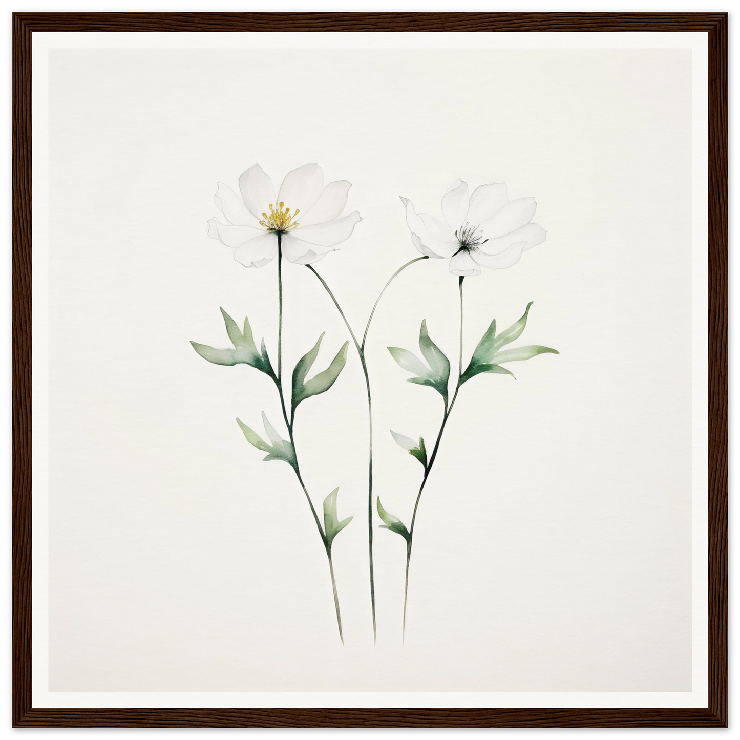 Delicate watercolor painting of two slender flowers with long stems and leaves.