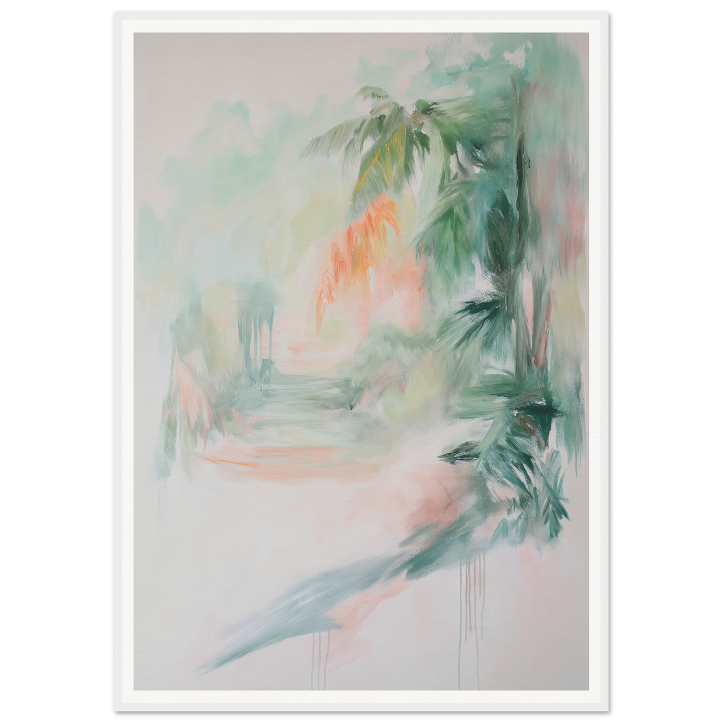 Framed abstract painting with blurred palm leaves in soft pastels for elegant room decor.