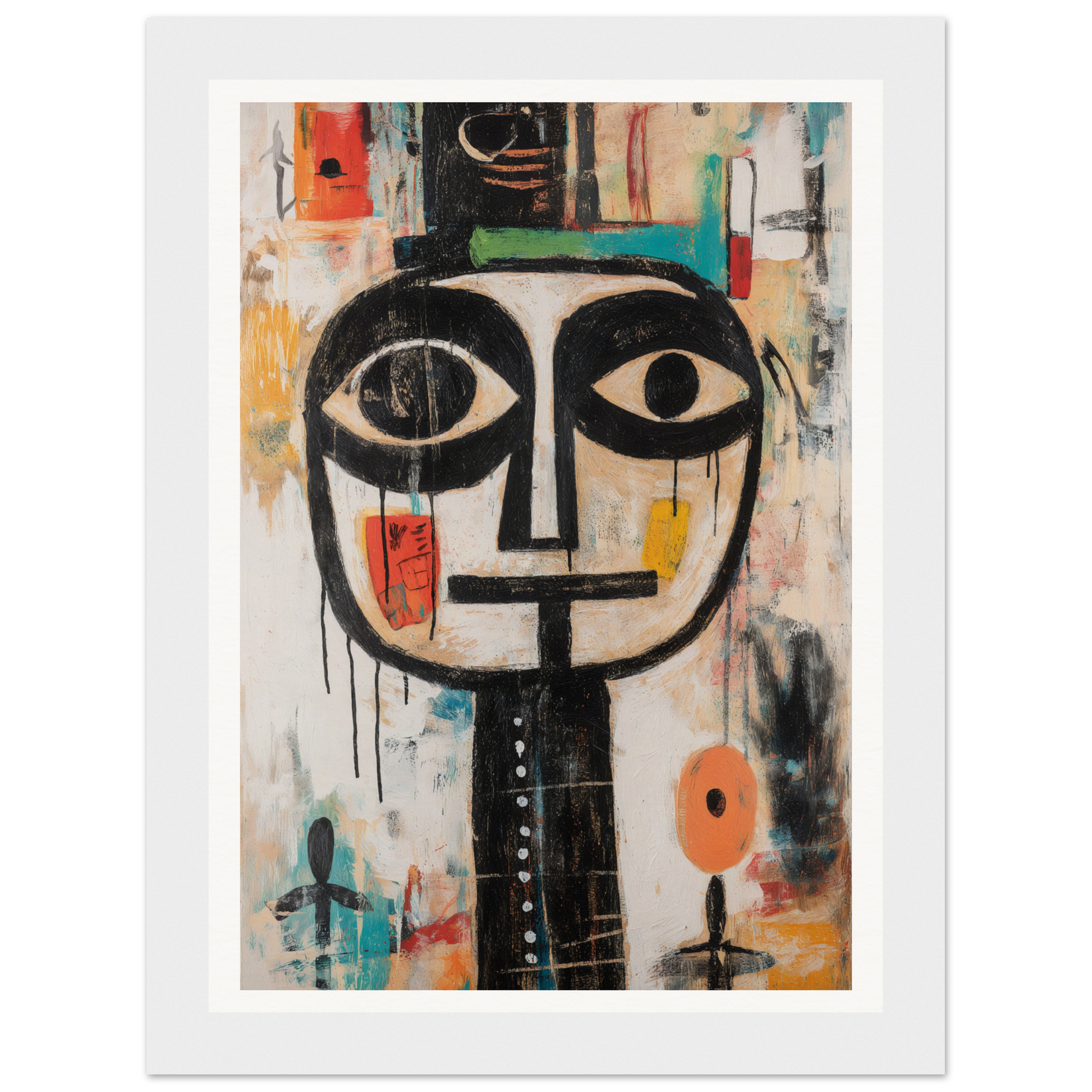 Framed abstract art with a face in bold lines and colorful geometric shapes.