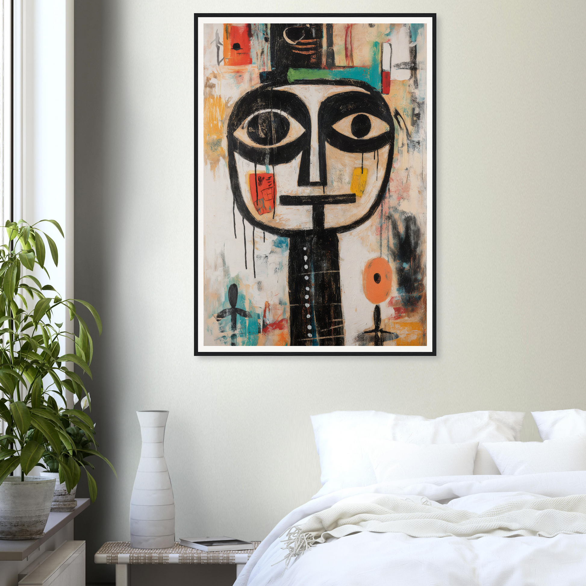 Framed wall art of a stylized face hangs above a bed in a room with a potted plant.