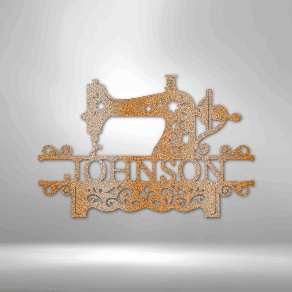 Decorative wooden cutout of a sewing machine with the name ’JOHNSON’ incorporated into the design.