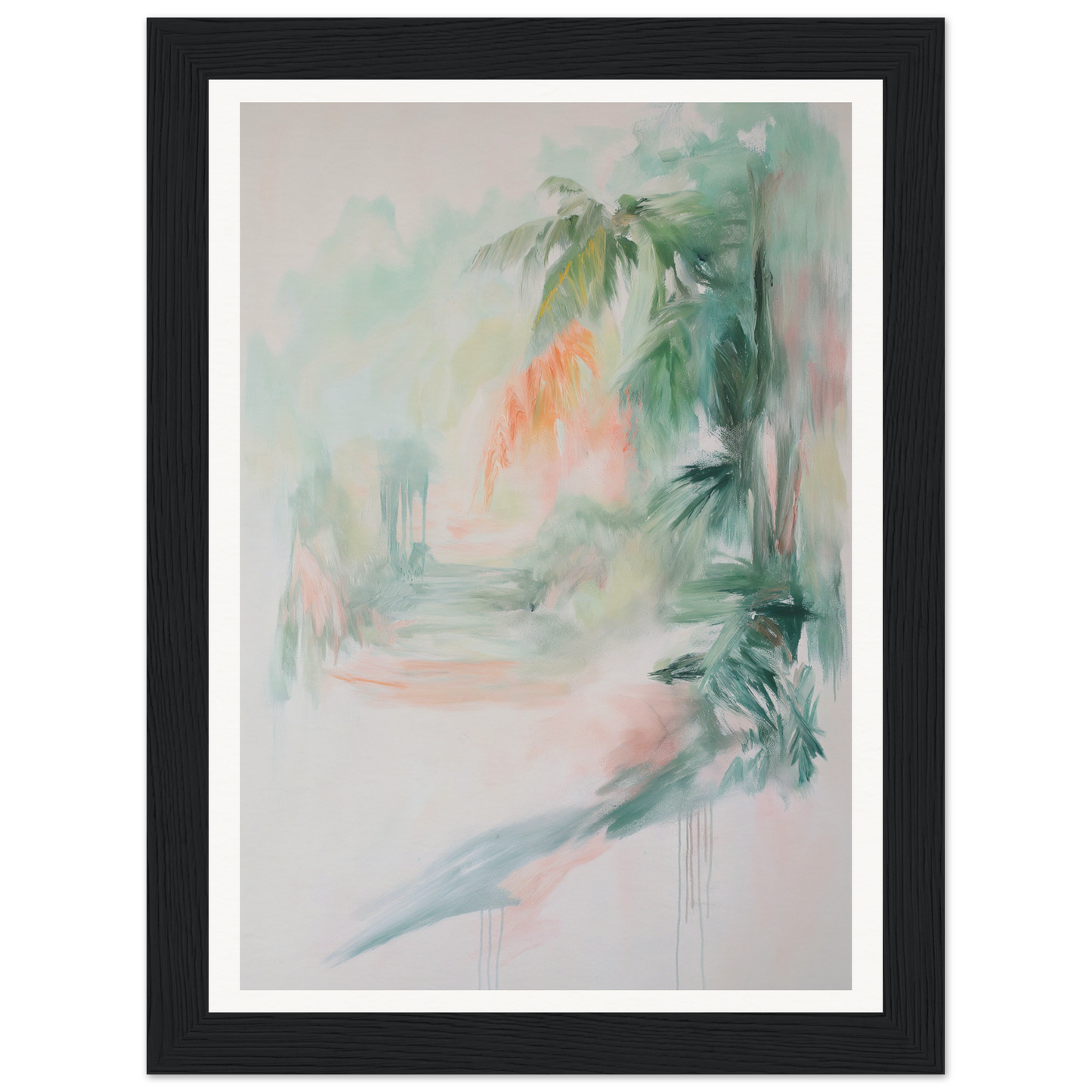 Framed wall art of blurred tropical plants in soft pastel colors.
