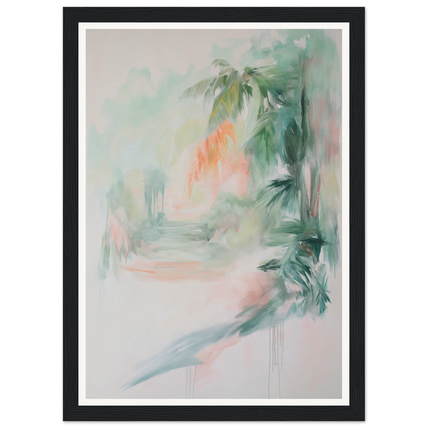 Framed wall art with abstract blurred green and orange foliage on a light background.