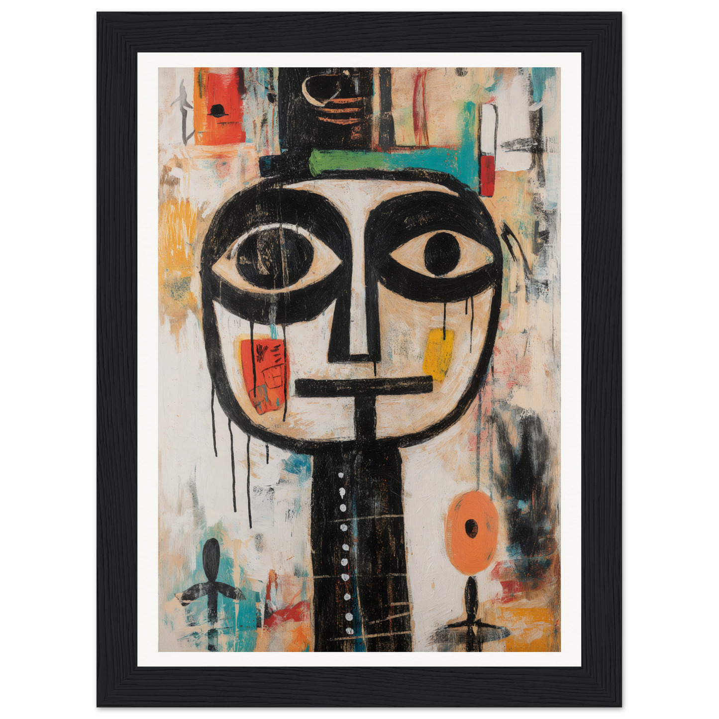 Framed wall art of a stylized face with bold black lines and a colorful background.