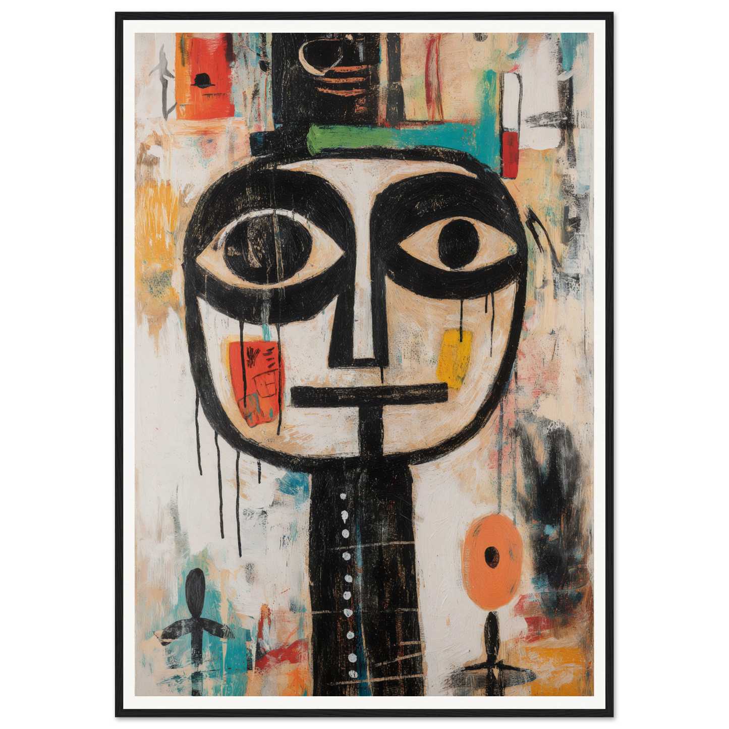 Framed wall art featuring a large stylized face and vibrant geometric shapes.