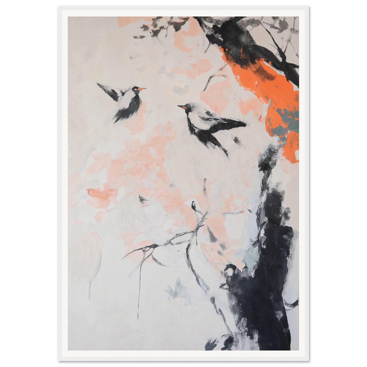 Framed wall art of two birds in flight near tree branches with splashes of orange and pink.